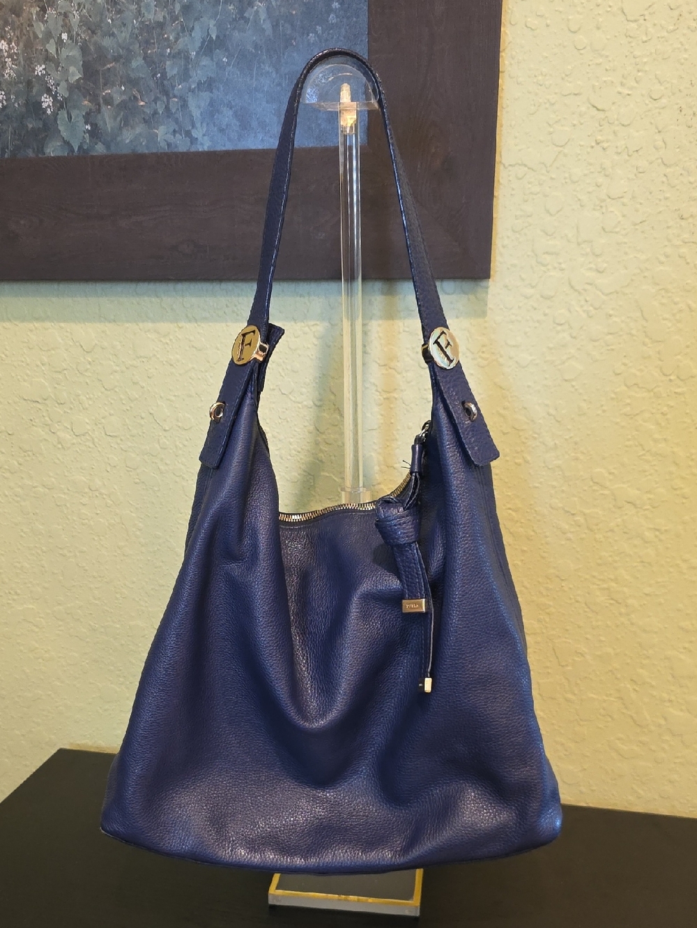FURLA Pebble Leather Hobo Shoulder Bag in Navy